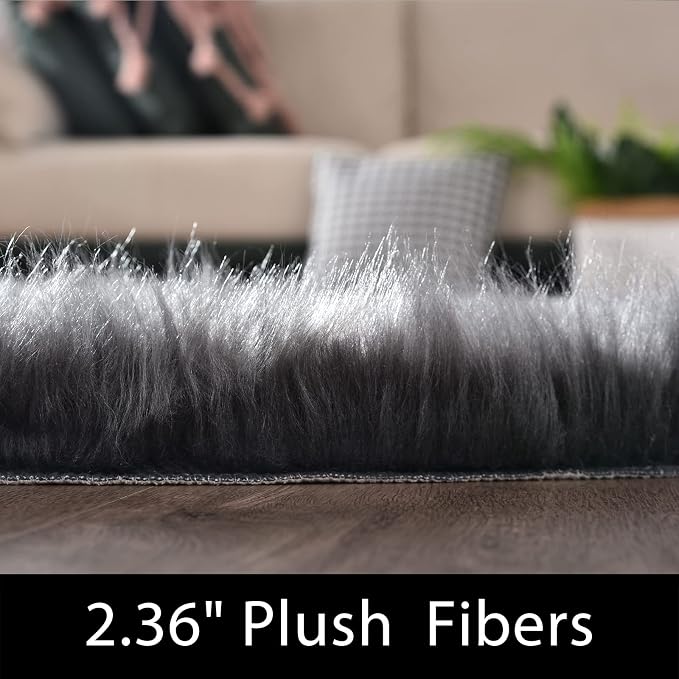 Latepis Dark Grey Round Rugs 5ft Faux Sheepskin Fur Rug - Image 2