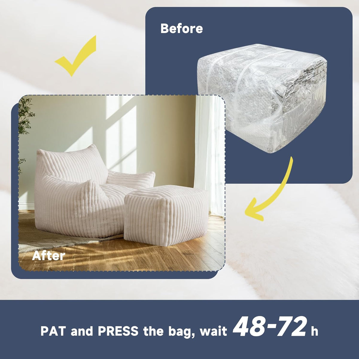 Giant Bean Bag Chairs for Adults, Oversized Chaise Lounge Chair Indoor with Memory Foam - Plush Boneless Lounger & Ottoman for Bedroom, Living Room, Gaming & Reading, Lazy Floor Sofa Chair, Beige