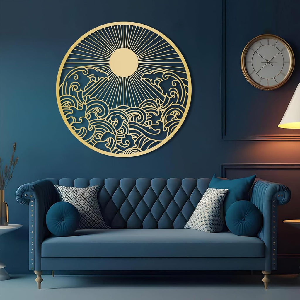 flyoak Metal Sun Wall Decor Outdoor, Sunrise Metal Wall Art, Metal Wave Wall Art, Sunrise and Wave Wall Decor, Sunburst Wall Art, Sunset Wall Art, Wall Hangings for Bedroom (Silver, 30x30in|76x76cm)