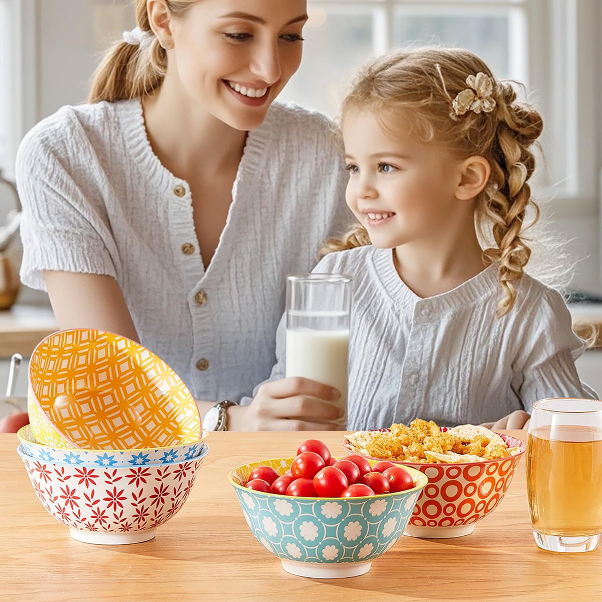 23 OZ Colorful Large Ceramic Bowl Set of 6， 6 inch Deep Porcelain Cereal Bowls for Soup, Salad, Snack and Rice, Dishwasher/Microwave safe