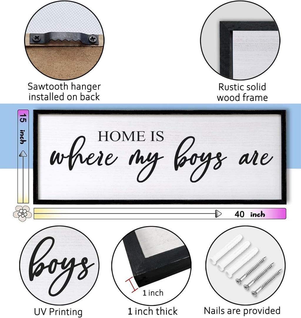 Home is Where My Boys are Sign Framed Wall Art, 40''×15'' Rustic Horizontal My Son Plaque with Black Frame for Baby Kid Boy Son Teen Toddlers Room, Horizontal Mom of Boys Gifts Nursery Decor