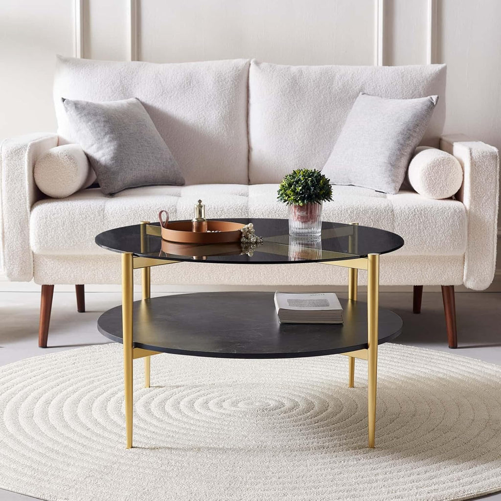 Round Coffee Table for Living Room, Mid-Century Modern Design, D30 x H17, 2-Tier Structure, Grey Glass Top and Black Marble Finish Wood Shelf, Sleek Conical Metal Legs with Gold Finish Frame