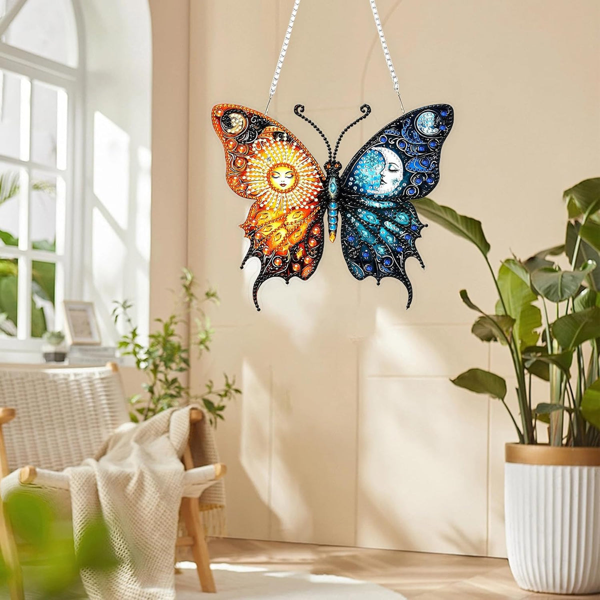 Lxmsja DIY Sun Moon Diamond Painting Hanging Ornament, Double-Sided Acrylic Butterfly Diamond Art Kit, Special Shaped Drill Pendant Window Art Kit, Suncatcher Hanging Craft Decoration 7x8 inch