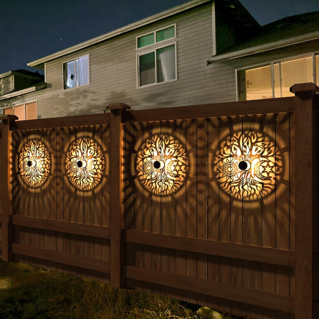 4 Pack Solar Fence Lights Metal Solar Powered Outdoor Wall Deck Step Lights Tree Theme Waterproof Fence Light for Garden Post Patio Backyard Yard Decor (Tree, 4 Pack)