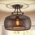 WUZUPS Chandelier Rustic Farmhouse Industrial Round Semi-flushmount Ceiling LED Light Fixture with Later-Cut Openwork Drum Shade, H 11.8" x W 13.4", Oil Rubbed Bronze
