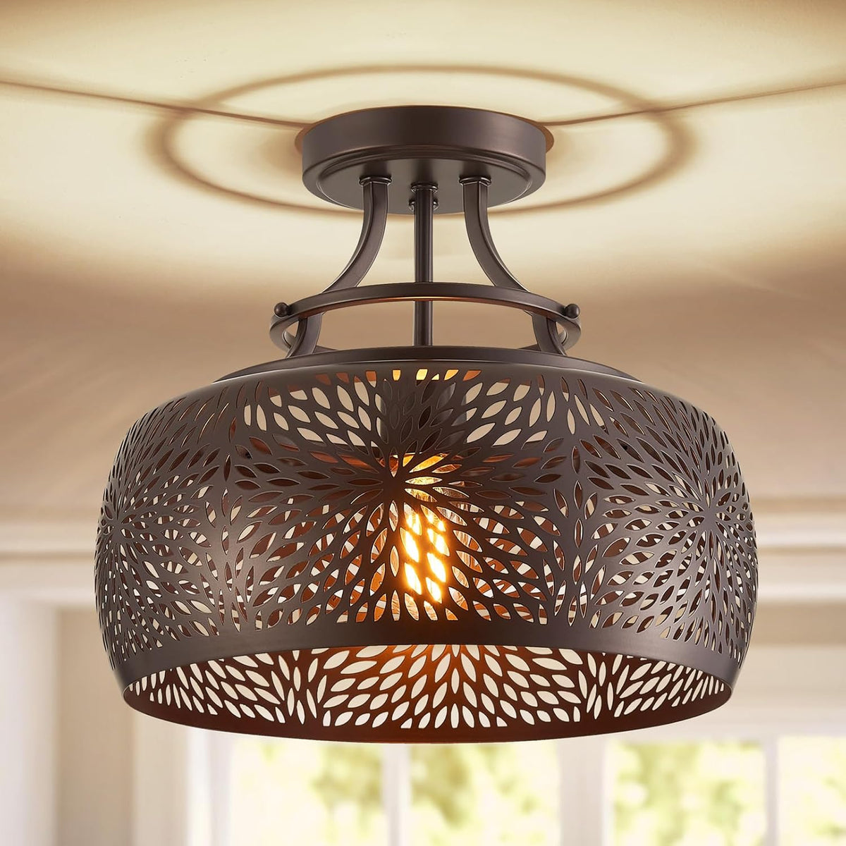 WUZUPS Chandelier Rustic Farmhouse Industrial Round Semi-flushmount Ceiling LED Light Fixture with Later-Cut Openwork Drum Shade, H 11.8" x W 13.4", Oil Rubbed Bronze
