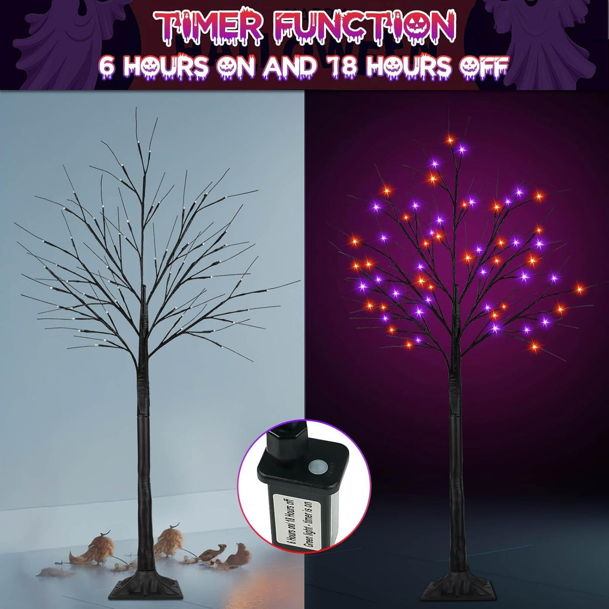2Pack 5FT 200LED Black Halloween Tree Lights, Timer Function Lighted Black Trees with Purple and Orange Lights, Spooky Trees Light for Indoor Outdoor Halloween Decorations