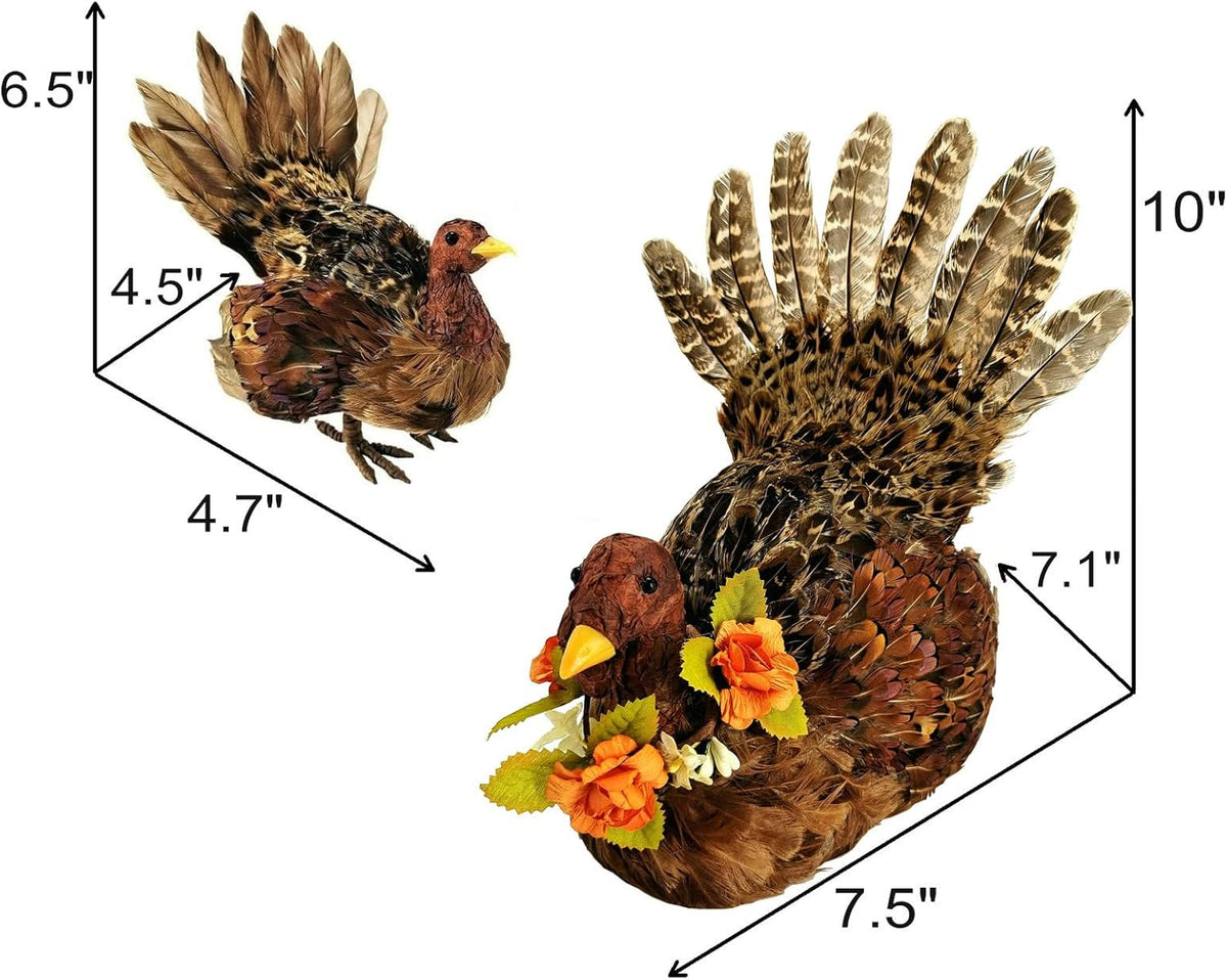 naturevibe 10/6.5 Inches Feathered Turkey Decorations Set of 2,Realistic Mom n Baby Turkey Figurines with Real Feathers for Thanksgiving Decorations,Decorative Farm Animals as Fall Decor for Home