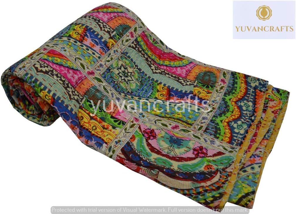 YUVANCRAFTS Patchwork Cotton Kantha Quilt - Indian Traditional Handmade Bedding Vintage Multi Color Quilt Blanket (Twin (60"x90"), Multi Patch 1)