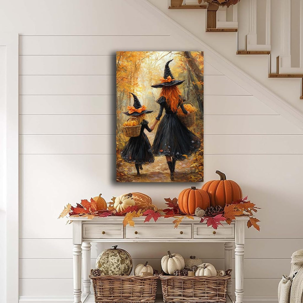Mother Witch And Child Daughter Witch Wall Art,Halloween Autumn Woodland Forest Path Picture,Family Room Nursery Playroom Kids Room Decor,16"x24" Framed
