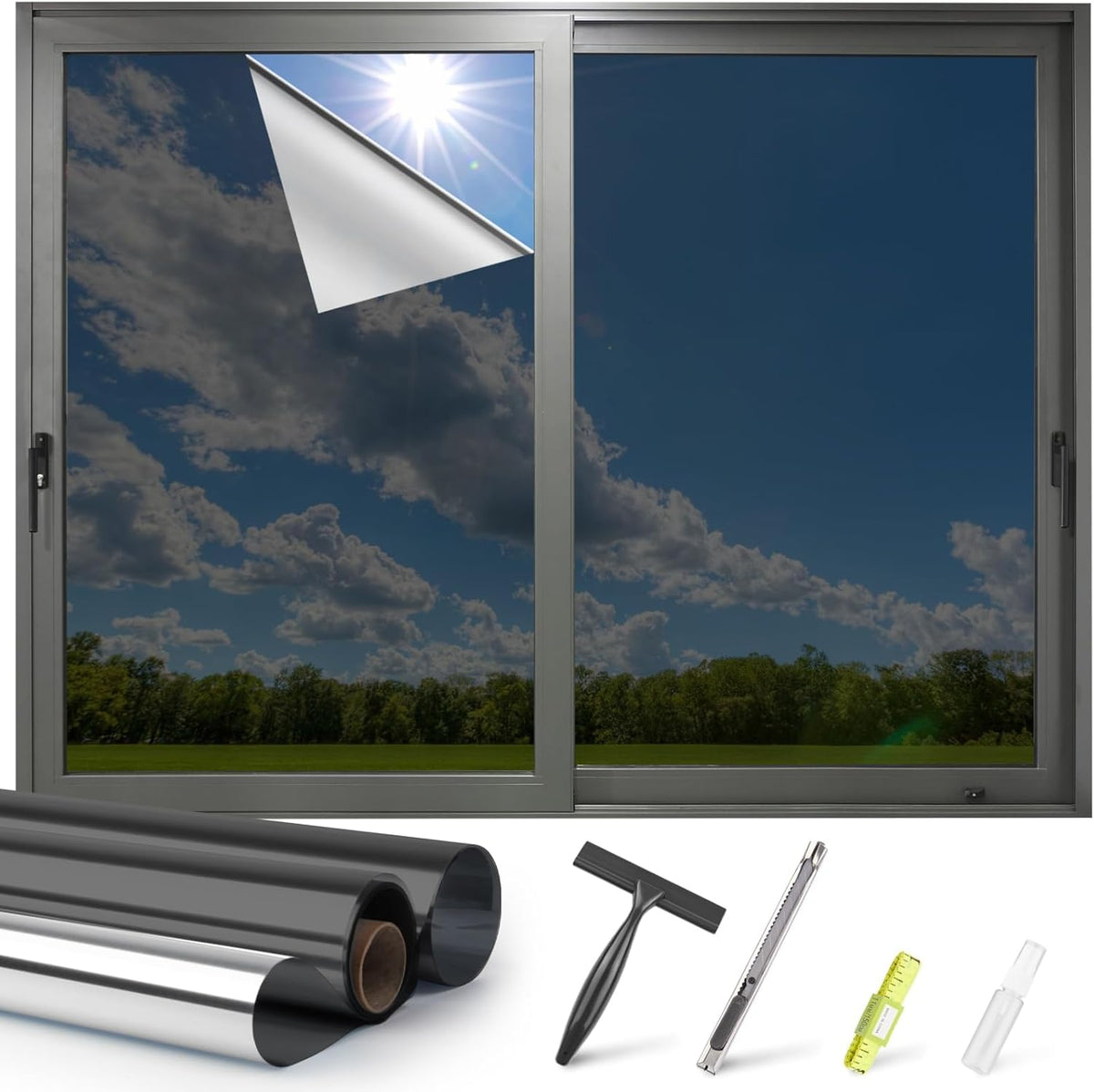 Kromapolis One Way Window Privacy Film Reflective Mirror Home Window Tint, Daytime Privacy Heat Control Anti UV Glass Tinting Static Cling (Black-Silver, 45.2 x 157.4 inch)