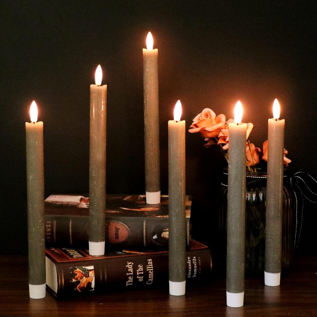GenSwin Flameless Grey Taper Candles Flickering with 10-Key Remote, Battery Operated Led Warm 3D Wick Light Window Candles Real Wax Pack of 6, Christmas Home Wedding Decor(0.78 X 9.64 Inch)