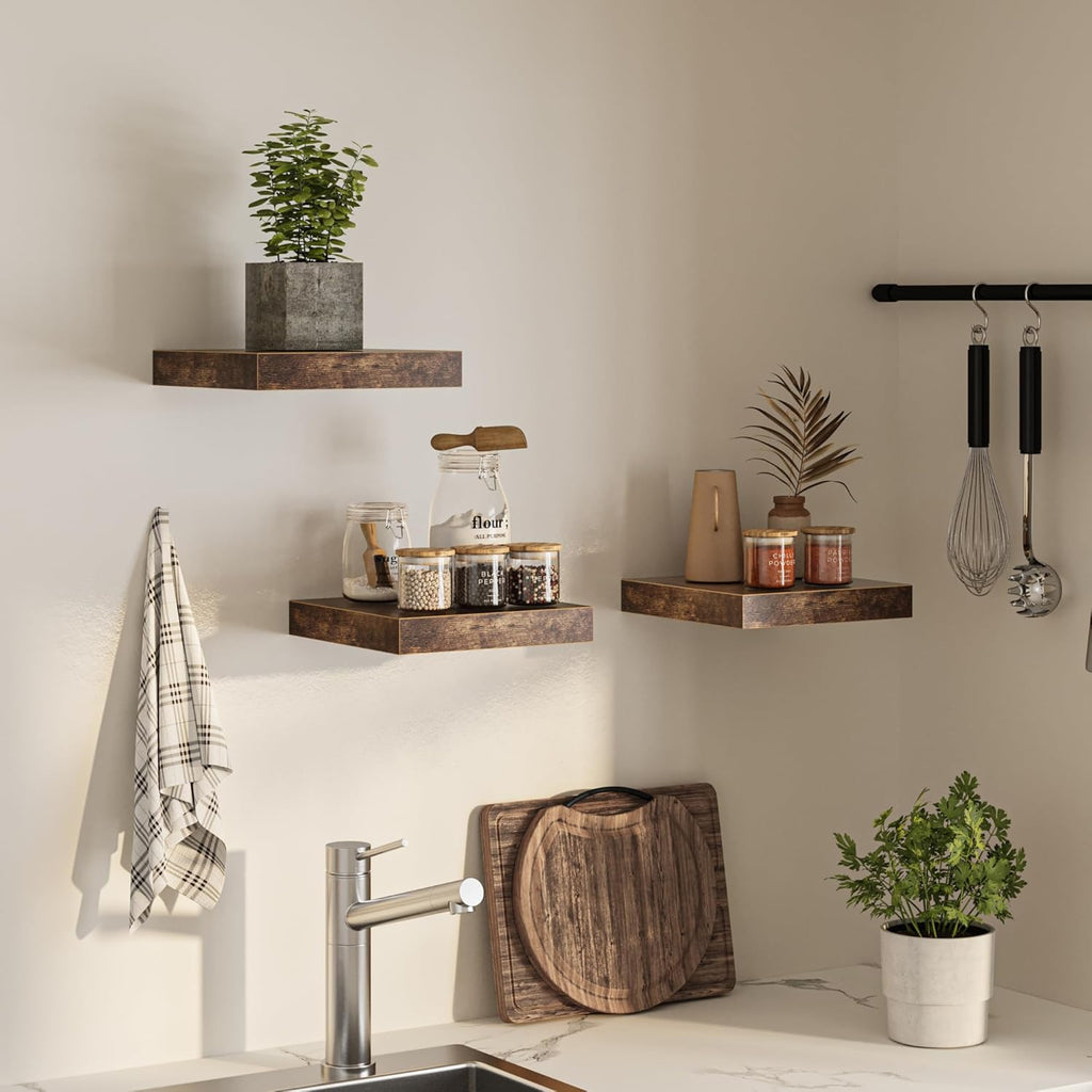 Square Floating Shelves for Wall, 12"W x 12"D x 1.2"H, Small Wooden Wall Mounted Display Shelf with Invisible Brackets for Living Room, Bedroom, Bathroom, Kitchen Decor, Set of 3, Rustic Brown