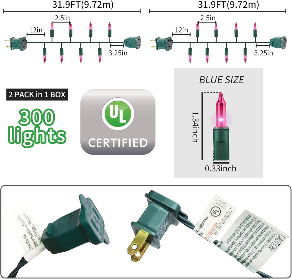 Green Wire, Pink Incandescent Bulb 300 Mini String Lights for Indoor Christmas Tree Garland Birthday Wedding Party Festival Decoration