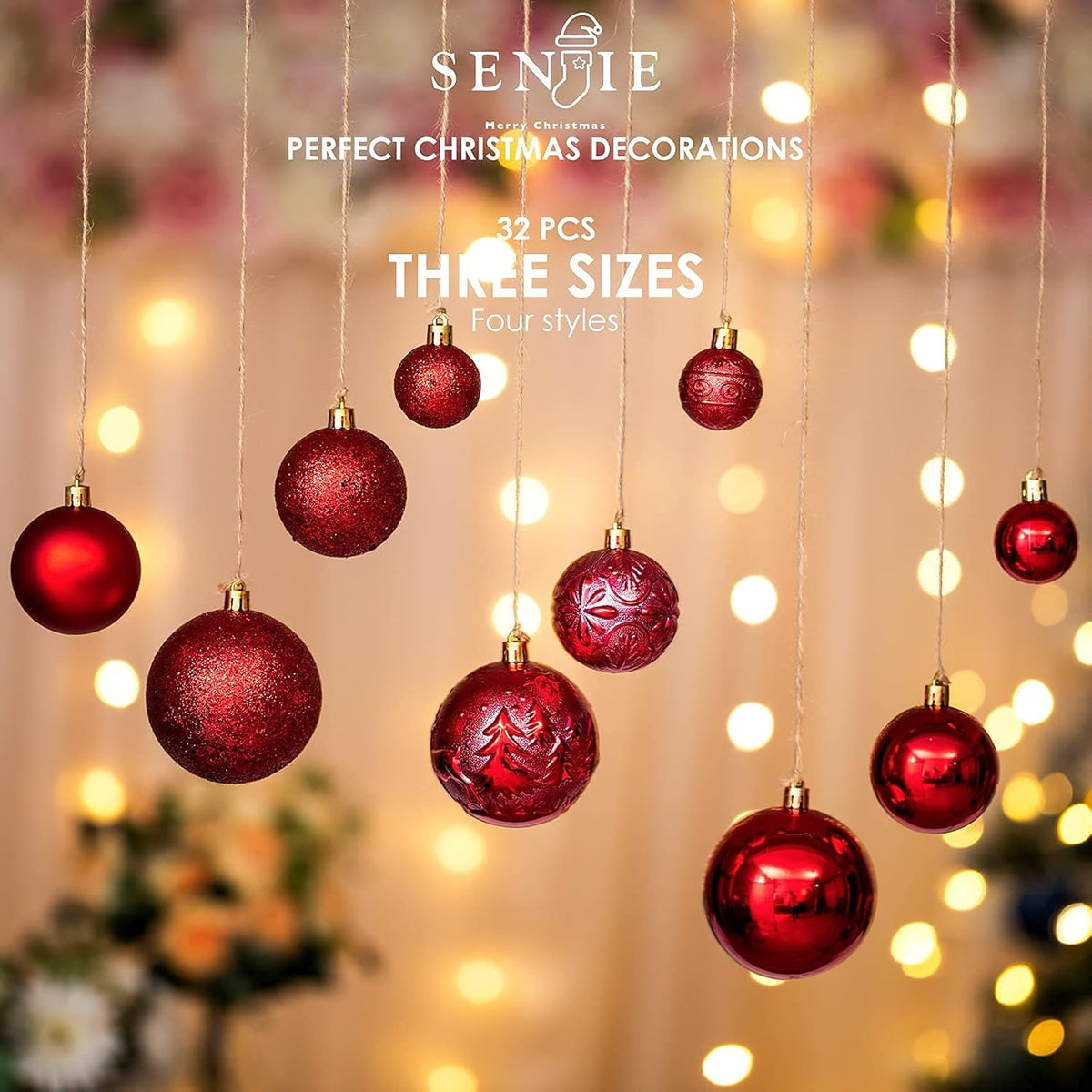 Senjie Red Shatterproof Christmas Ball Ornaments, 32 Pcs, Plastic, Eclectic Style, Wedding & Christmas Occasion