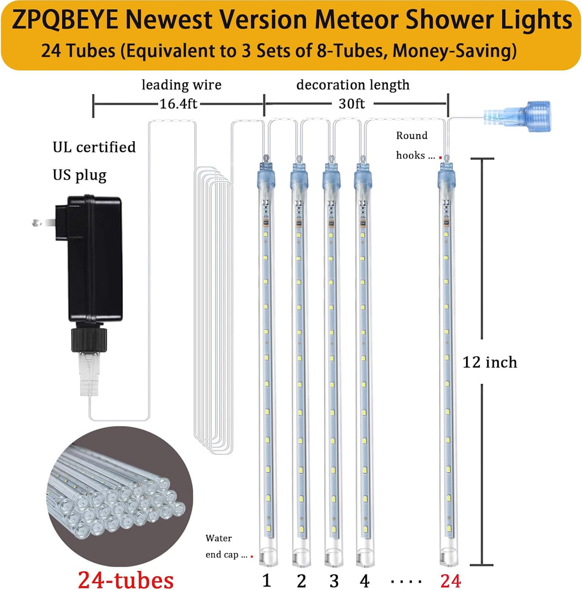 Meteor Shower Lights Christmas Lights Outdoor 24-Tube 576LEDs Snow Falling Rain Cascading Icicle Lights for Xmas Tree Christmas Decorations Wedding Party Holiday Garden Decor, UL Plug White