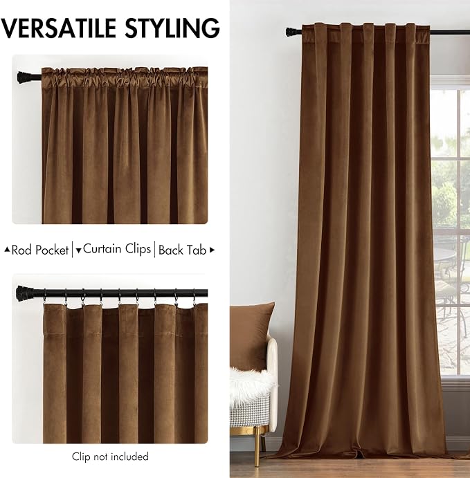 MIULEE Velvet Curtains 52x90 inches 2 Panels Brown Blackout Curtains | Luxury - Image 2