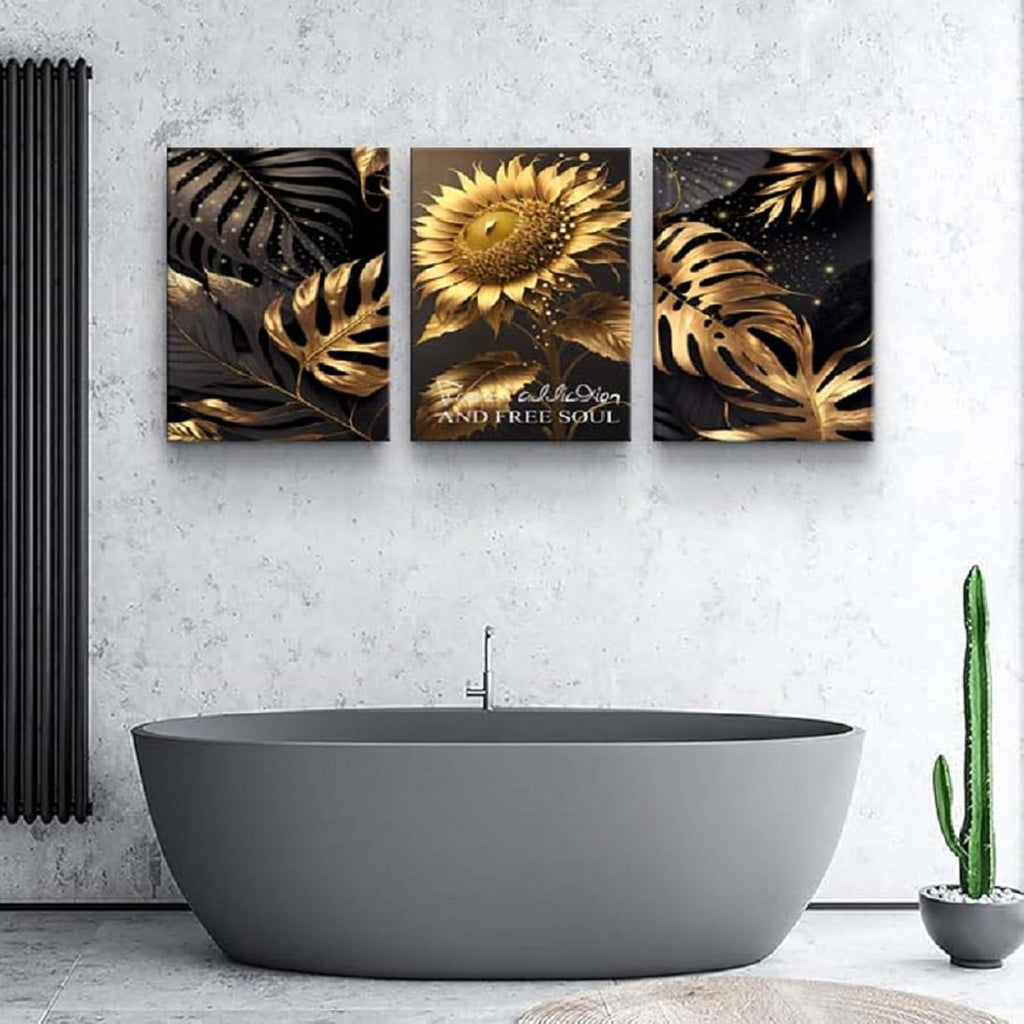 Yxbhhym Bedroom Wall Art Sunflower Canvas wall Art for living room Black and Gold Wall Décor pictures Leaf Artwork Paintings Flower Poster Prints Dining Room Office Décor Bathroom Decorations