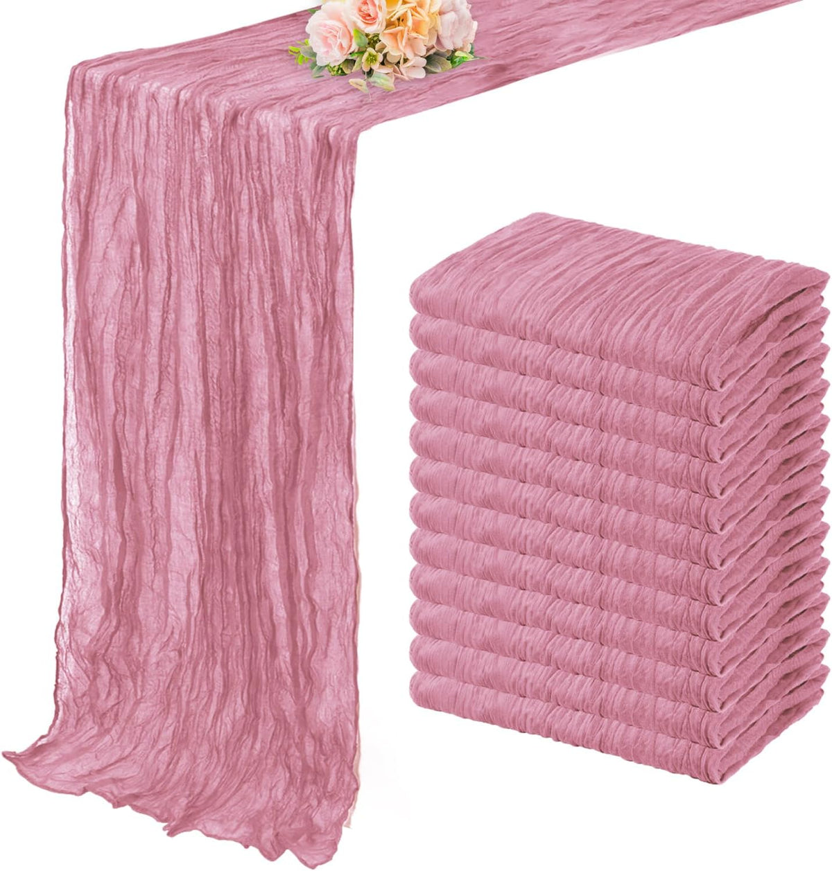 12 Pack Dusty Rose 10FT Cheesecloth Table Runner 20 x 120 Inch Long Rustic Gauze Fabric Cheese Cloth Table Runner for Wedding Bridal Baby Shower Table Decorations Boho Sheer Birthday Party Table Decor