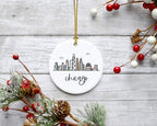 Andaz Press Round Ceramic Porcelain Christmas Tree Ornament Keepsake, Chicago Colorful City Skyline Graphic, 1-Pack, Birthday Gift Ideas Family Coworker Him Her, Includes Gift Box