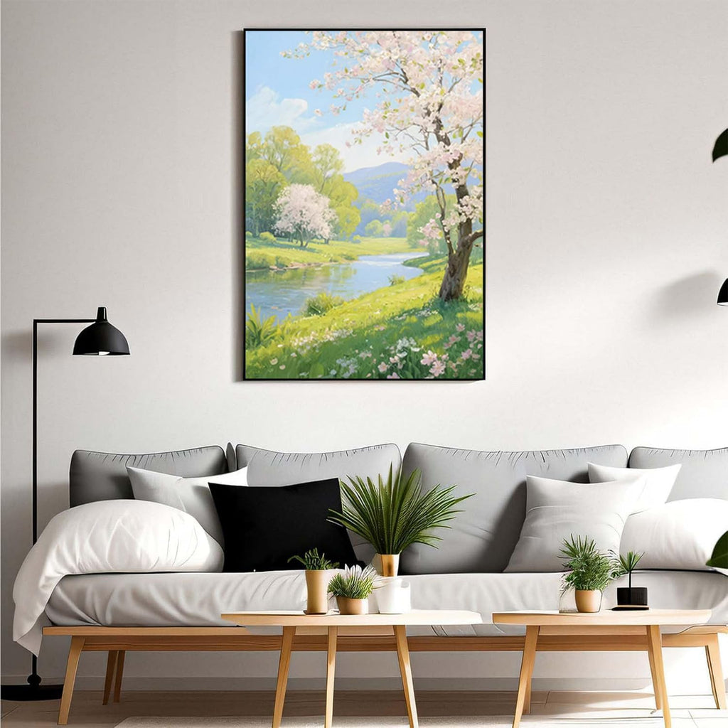 The scenery of a stream between trees and cherry blossoms under the blue sky is suitable for posting in the living room bedroom office landscape posters