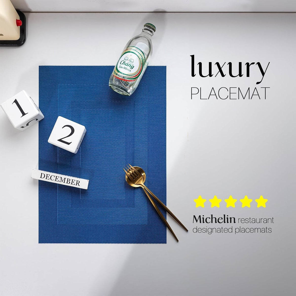 LEXMORE PlaceMats Set of 12 Vinyl/Plastic Woven Place Mats for Kitchen Table Indoor/Outdoor Washable PlaceMat Wipeable Dining Table Mats(Navy Cube)