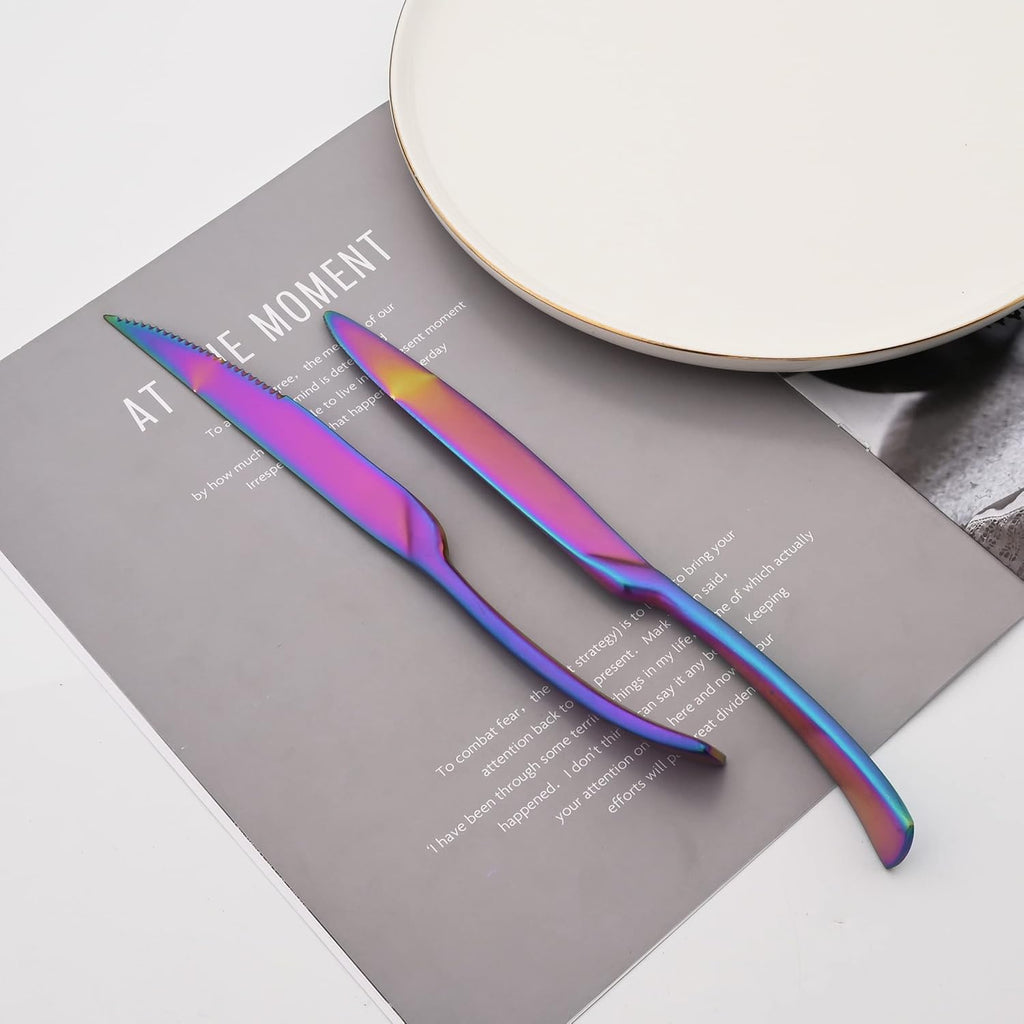 Luxury 18/10 Stainless Steel Matte Rainbow Colorful Flatware Set - Silverware Cutlery Utensil Set Steak Knife Spoon and Fork Knife Serving Set, Service for 1 (6-Piece)