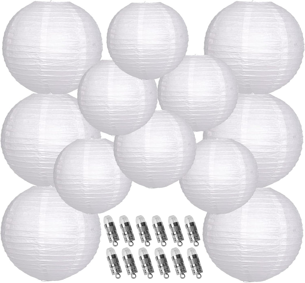 Paper Lanterns Decorative, White Hanging Round Chinese Lanterns with Lights for Wedding Anniversary Birthday Party 12 LED Light Pack of 12
