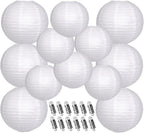 Paper Lanterns Decorative, White Hanging Round Chinese Lanterns with Lights for Wedding Anniversary Birthday Party 12 LED Light Pack of 12