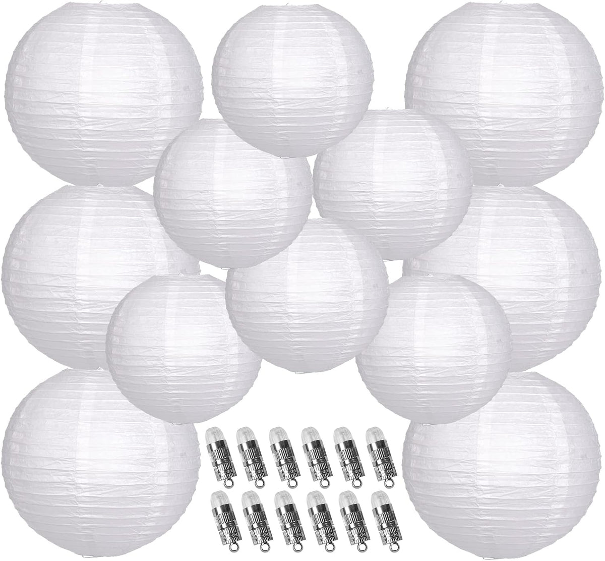 Paper Lanterns Decorative, White Hanging Round Chinese Lanterns with Lights for Wedding Anniversary Birthday Party 12 LED Light Pack of 12