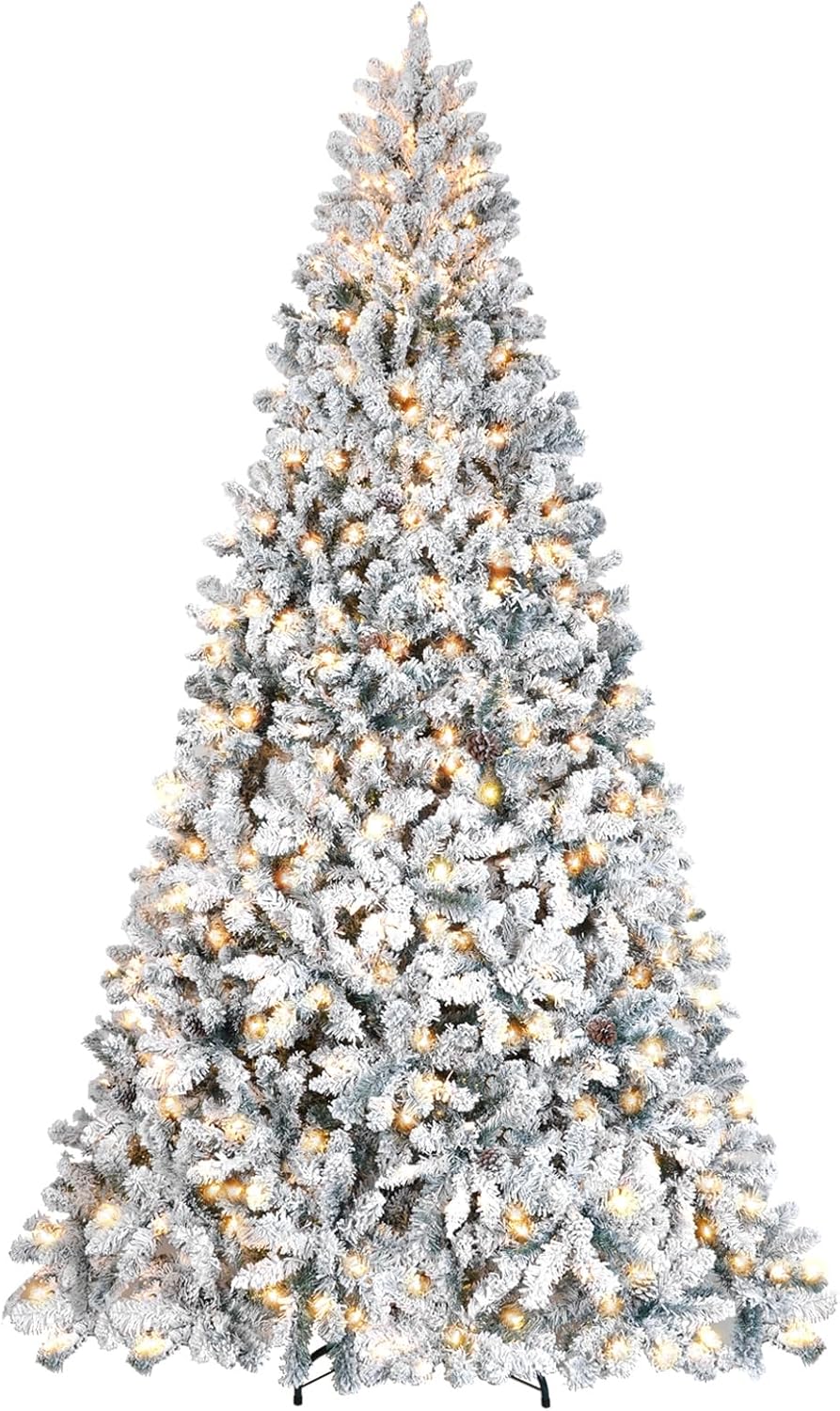 9 ft Prelit Flocked Christmas Tree with Pine Cones & 850 UL Lights, Snow Frosted Artificial Christmas Tree with Auto Hinged Stand for Holiday Decor