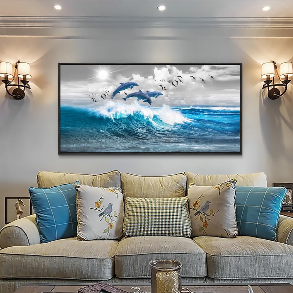 Wapluam Large Wall Art For Living Room Wall Decorations For Bedroom Blue Waves Of The Sea Wall Pictures Artwork Modern Office Dolphins Canvas Print Wall Paintings Black Framed Home Decor Poster
