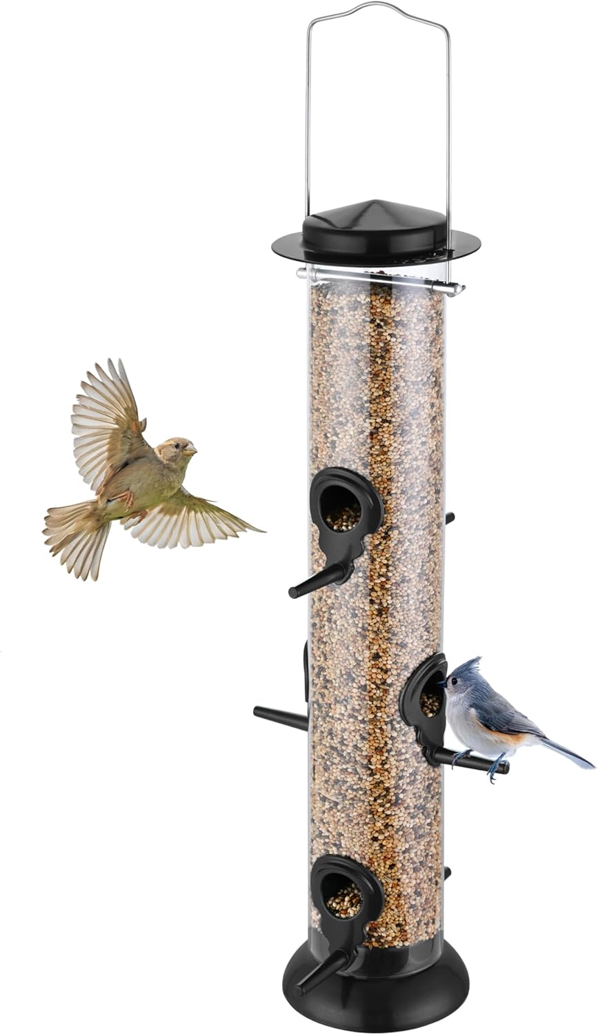 Bird Feeder Premium Hard Plastic for Wild Bird Feeders for Outdoors,Tube Bird Feeders for Outdoors Hanging,14 Inch 6 Port Black,Pack of 1