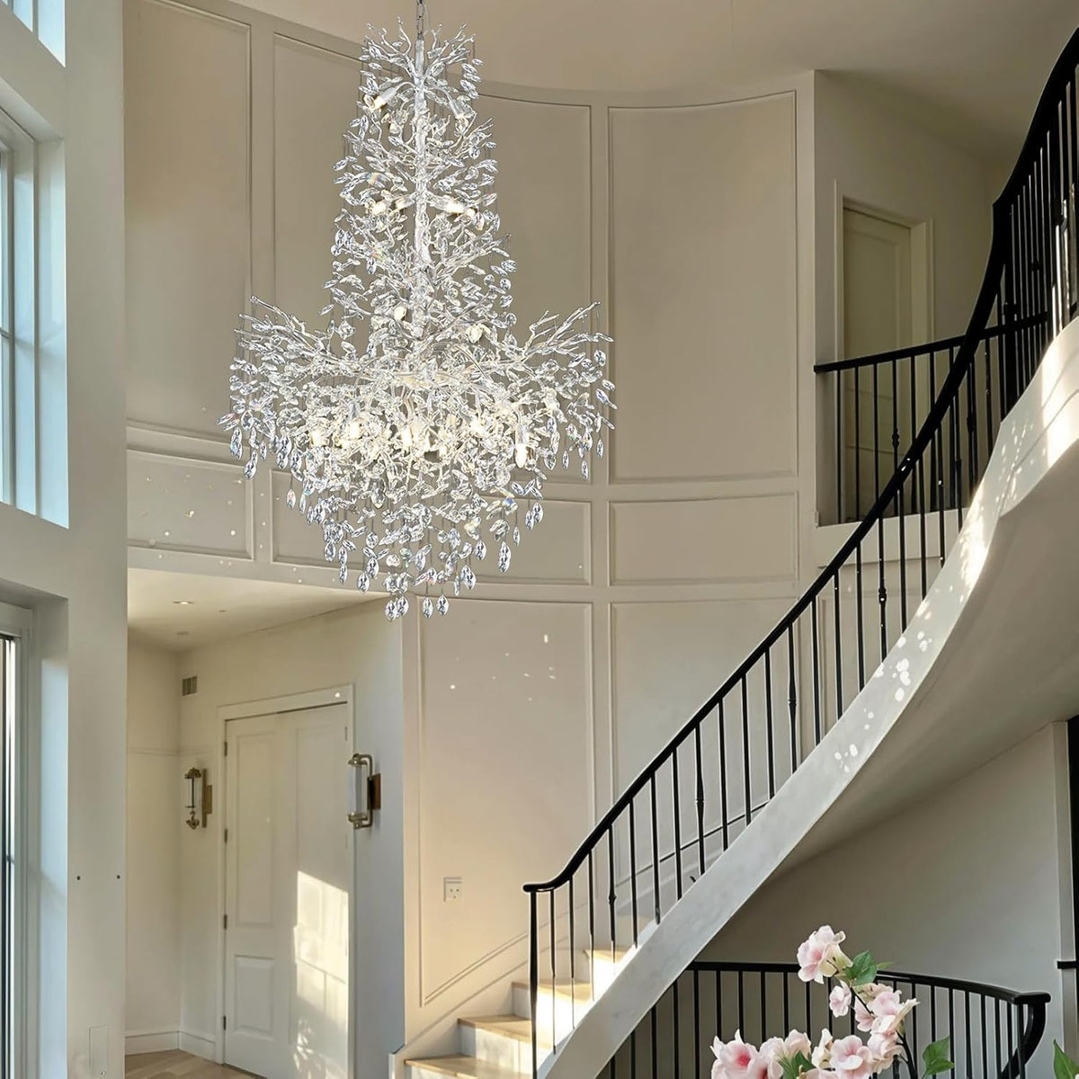 H61'' Modern Silver K9 Crystal High Ceiling Chandeliers, 23-Lights Staircase Chandeliers,Large Crystal Tree Branch Chandelier, D40'' Foyer Chandelier,for Living Room,Entryway
