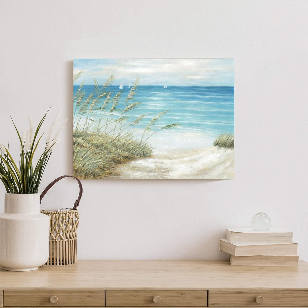 Beach Sea Canvas Wall Art: Seaside Coastal Reed Painting Blue Ocean Nautical Picture Modern Minimalist Seascape Grass Path Artwork Decor for Living Room Bedroom
