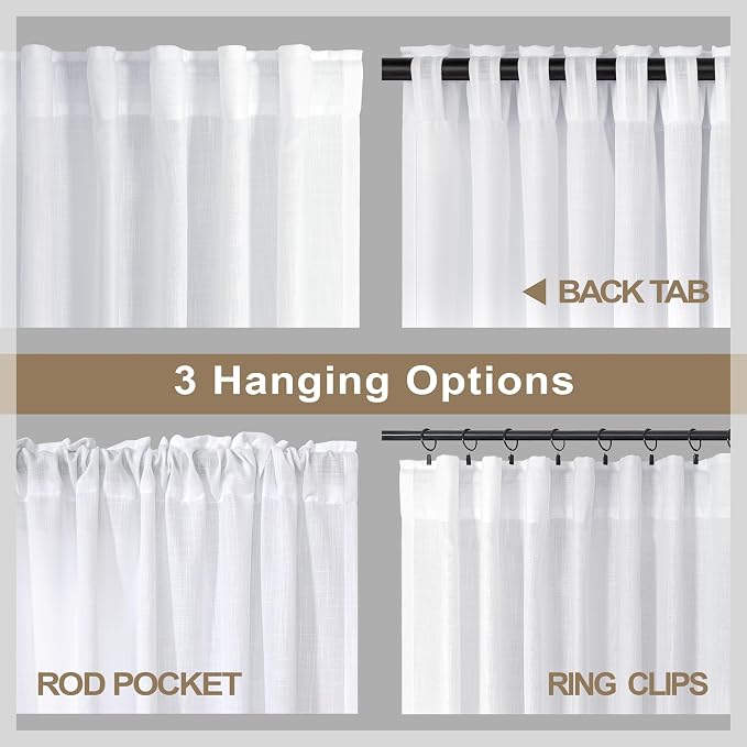 White Curtains 60 Inch Wide for Living Room Extra Large Linen Drapes Semi Sheer - Image 5