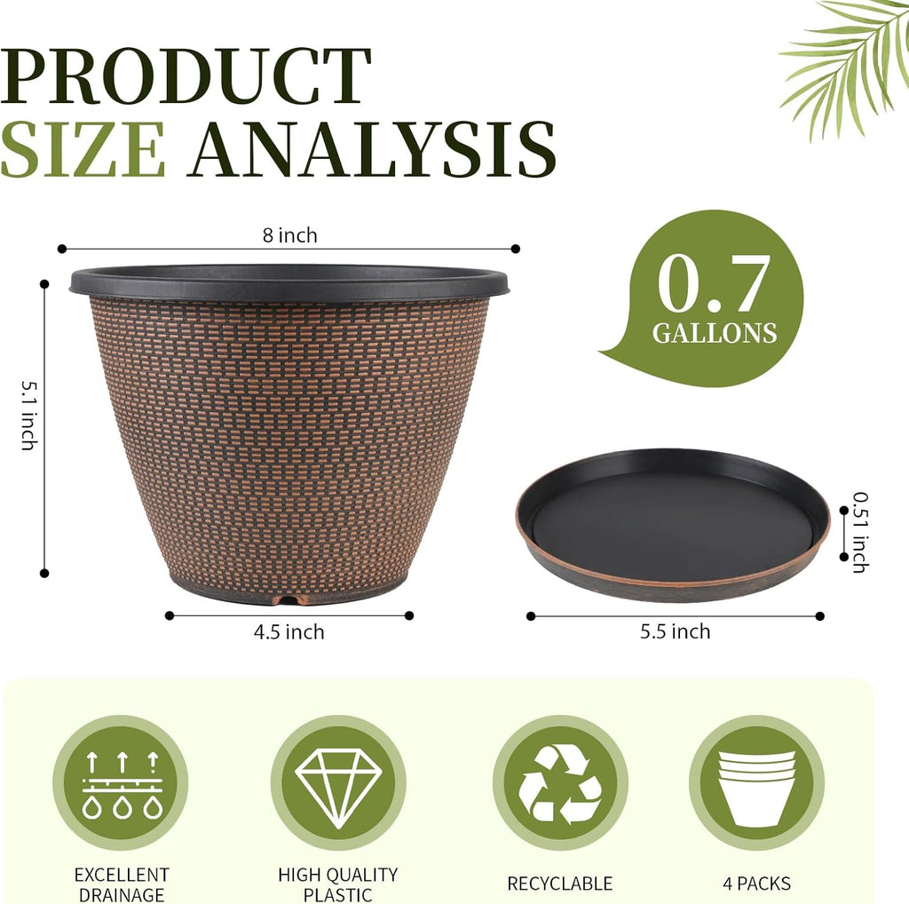 4 Pack 8 inch Plant Pot, Plastic Pots for Plants Indoor, Round Planters for Outdoor Plants with Drainage Holes & Trays, Decorative Flower Pots Garden Containers Sets for Houseplants (Black Copper)