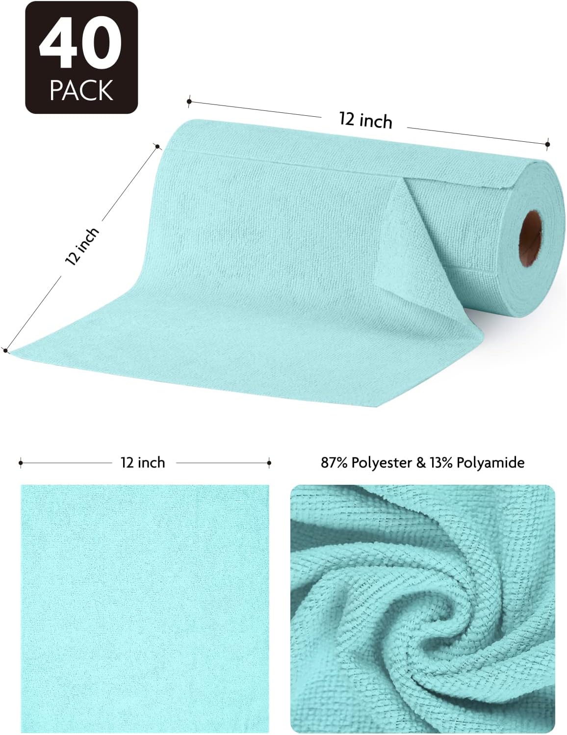 Fantasticlean Microfiber Cleaning Cloth Roll -40 Pack, Tear Away Microfiber Towels, 12" x 12", Reusable, Washable, Scratch Free, Ultra Absorbent Dish Rags for Car, Home, Garage or Shop (Blue)