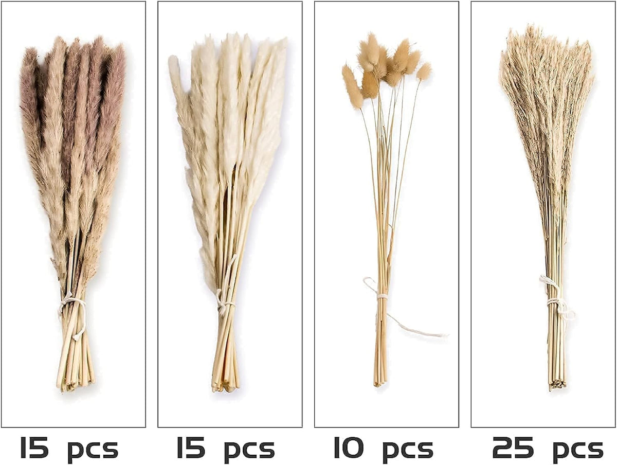 65PCS Pampas Grass Decor, Including pompas Floral, Reed Dried Grass and Bunny Tails Dried Flowers, Natural Dried Pampas Grass Bouquet for Boho Decor Wedding, Home Decoration