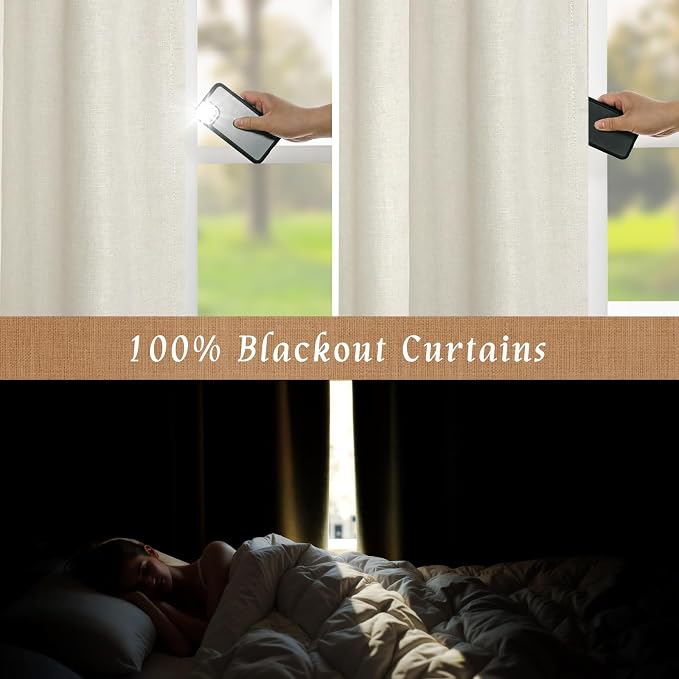 Natural 100% Blackout Linen Bedroom Curtains 63 Inches, 2 Panels | Ivory - Image 3