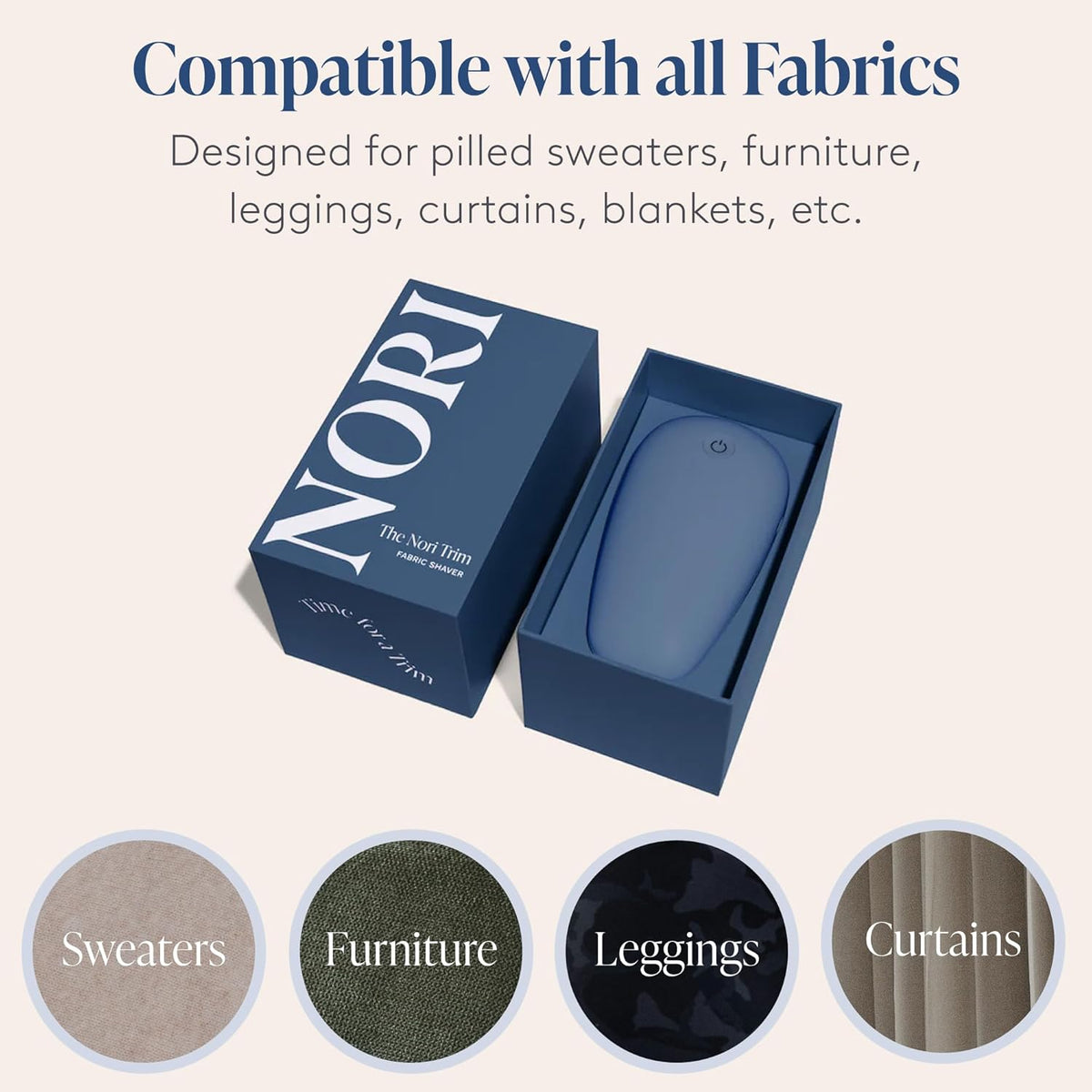 Nori Trim Fabric Shaver - Lint Remover for Clothes & Furniture Couch Pilling - Sweater Pill Remover - Clothes Shaver with 6 Precision Blades - Wireless and Rechargeable - Navy