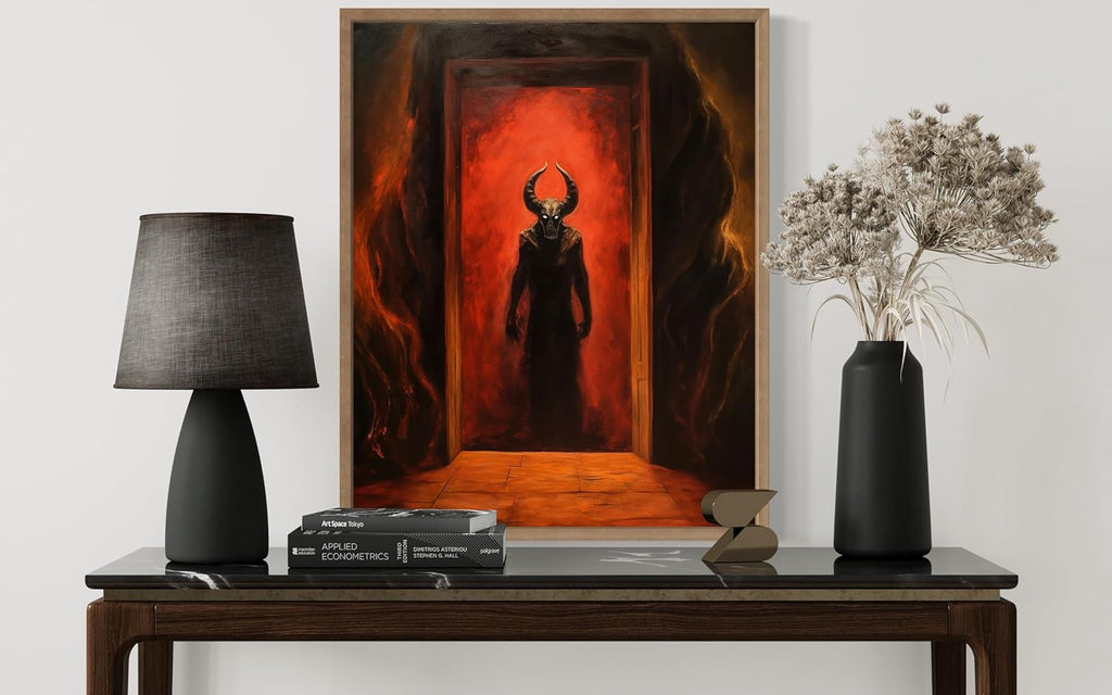 Satan and Hell Poster Art Print, Halloween Scary Vintage Wall Art Academia Spooky Painting Decoration for Horror Prints, Gothic Posters Bedroom Decor 89 (Satan and Hell, 8 x 10 inches, Wood Frame)