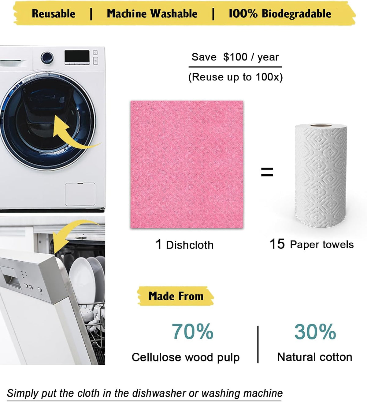 Swedish Dishcloths for Kitchen | 6 Pack Absorbent Cellulose Sponge Cloths Washable | Non-Scratch Reusable Paper Towels Quick Drying Cleaning Cloths - Pink