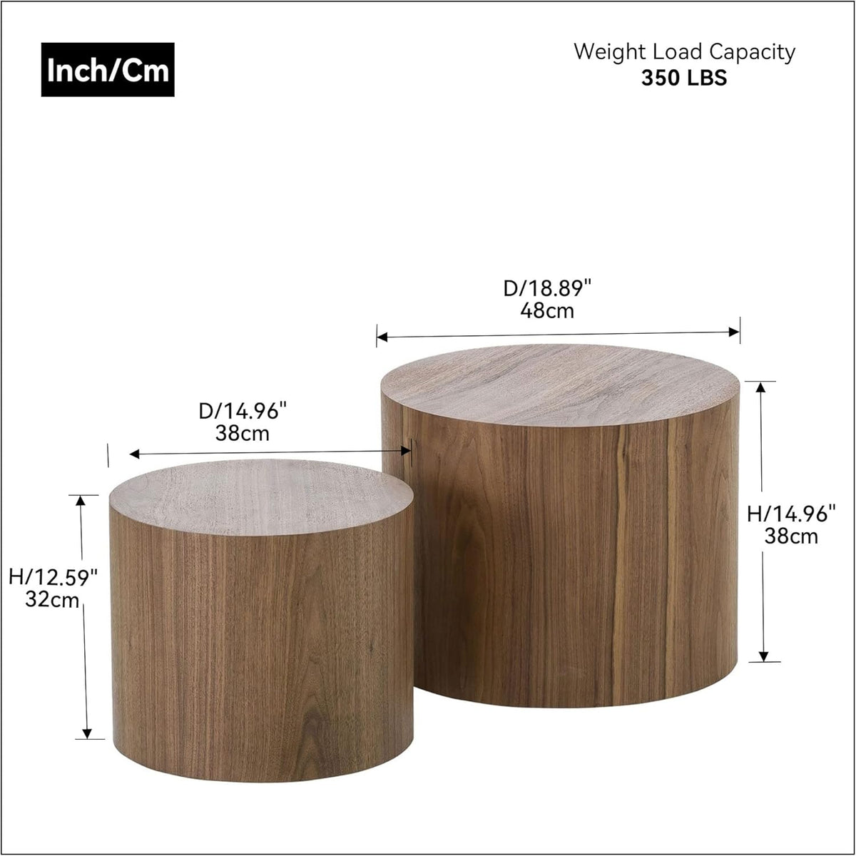 Nesting Coffee Table Set of 2, Round Side Tables Set, Wooden Accent Table, Modern End Tables, Minimalist Circle Table for Small Space Living Room Bedroom, Walnut