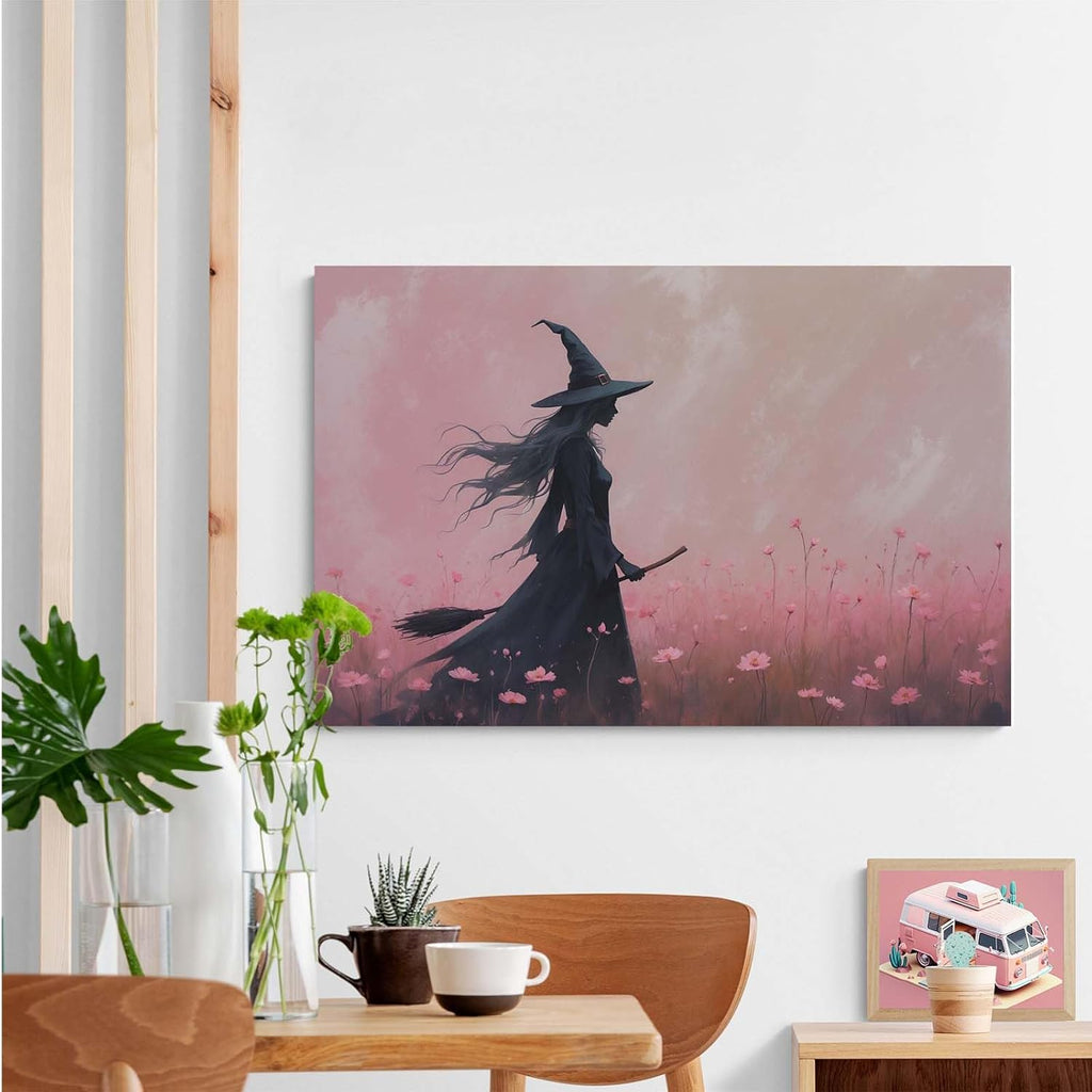 Witch in the pink sea of flowers Halloween prints weird flowers wall art silhouette painting fashionable romantic decoration suitable for bedroom8x12in Wood Framed