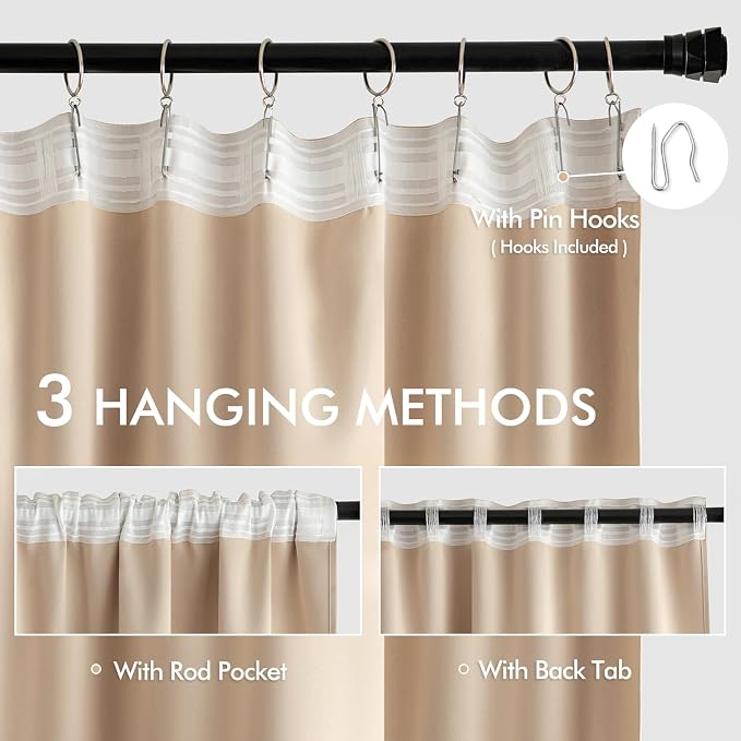 MIULEE Beige Back Tab Blackout Curtains 52x120 Inch Long 2 Panels Set | Rod - Image 3