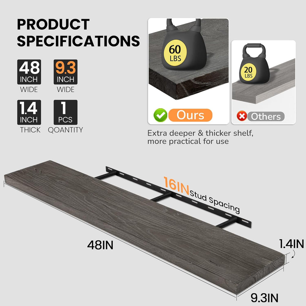 Fun Memories Floating Shelves for Wall, 48"x9.3" Rustic Solid Elm Wood Shelves, Heavy-Duty Wall Mounted Shelves with Invisible Brackets for Living Room, Bedroom, Kitchen, Grey Finish