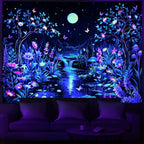 Serborlur Blacklight Fantasy Forest Tree Tapestry UV Reactive Floral Plant Tapestries Trippy Moon Butterfly Wall Art Decor Nature Landscape Wall Hanging for Bedroom