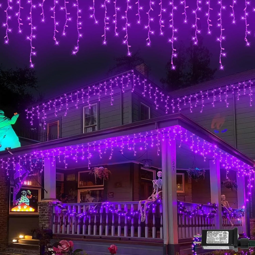 QITONG Purple Halloween Lights Outdoor, 33ft 400 LED Icicle Light for Outside Indoor Plug in, 8 Modes Clear Wire Connectable Christmas Lights with 80 Drops