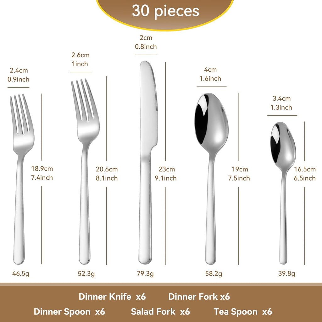 30 Piece Silverware Set 18/10 Stainless Steel, Flatware Set for 6,forged Flatware Set Heavy Duty Silverware, Dishwasher Safe